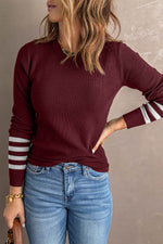 Load image into Gallery viewer, Red Striped Sleeve Plain Knit Sweater - Fashion Queen - 7