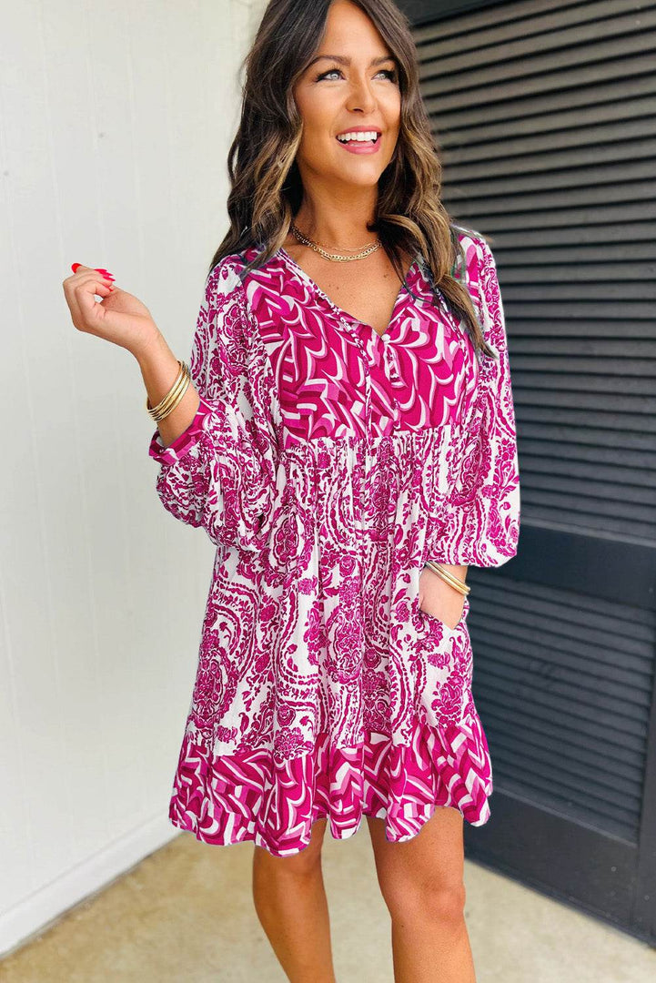 Rose Bohemian Print Puff Sleeve Tied V Neck Flared Mini Dress - Fashion Queen -  2