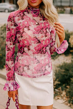 Load image into Gallery viewer, Rose Floral Mesh Flounce Sleeve Mock Neck Blouse - Fashion Queen - 1