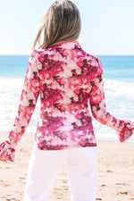 Load image into Gallery viewer, Rose Floral Mesh Flounce Sleeve Mock Neck Blouse - Fashion Queen - 14