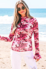 Load image into Gallery viewer, Rose Floral Mesh Flounce Sleeve Mock Neck Blouse - Fashion Queen - 16