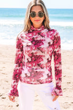 Load image into Gallery viewer, Rose Floral Mesh Flounce Sleeve Mock Neck Blouse - Fashion Queen - 18