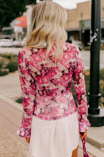 Load image into Gallery viewer, Rose Floral Mesh Flounce Sleeve Mock Neck Blouse - Fashion Queen - 2