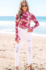 Load image into Gallery viewer, Rose Floral Mesh Flounce Sleeve Mock Neck Blouse - Fashion Queen - 20