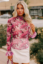 Load image into Gallery viewer, Rose Floral Mesh Flounce Sleeve Mock Neck Blouse - Fashion Queen - 4