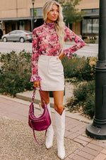 Load image into Gallery viewer, Rose Floral Mesh Flounce Sleeve Mock Neck Blouse - Fashion Queen - 5