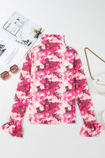 Load image into Gallery viewer, Rose Floral Mesh Flounce Sleeve Mock Neck Blouse - Fashion Queen - 6