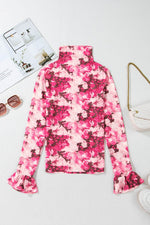 Load image into Gallery viewer, Rose Floral Mesh Flounce Sleeve Mock Neck Blouse - Fashion Queen - 7