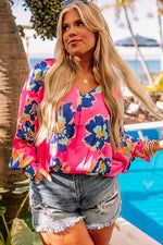 Load image into Gallery viewer, Rose Floral Pattern V Neck Balloon Sleeve Plus Size Blouse - Fashion Queen - 3