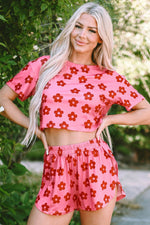 Load image into Gallery viewer, Rose Floral Print Crop Tee and Shorts Lounge Set - Fashion Queen - 1