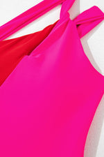 Load image into Gallery viewer, Rose Red Knotted One Shoulder Two Tones Backless One Piece Swimsuit - Fashion Queen - 10