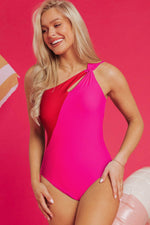 Load image into Gallery viewer, Rose Red Knotted One Shoulder Two Tones Backless One Piece Swimsuit - Fashion Queen - 5