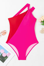 Load image into Gallery viewer, Rose Red Knotted One Shoulder Two Tones Backless One Piece Swimsuit - Fashion Queen - 8