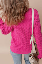 Load image into Gallery viewer, Rose Red Solid Cable Knit High Neck Drop Shoulder Sweater - Fashion Queen - 2