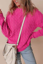 Load image into Gallery viewer, Rose Red Solid Cable Knit High Neck Drop Shoulder Sweater - Fashion Queen - 5