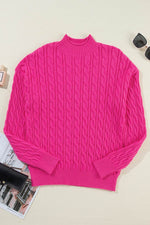 Load image into Gallery viewer, Rose Red Solid Cable Knit High Neck Drop Shoulder Sweater - Fashion Queen - 6