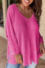 Load image into Gallery viewer, Rose Red Waffle Knit Side Slits Loose Fit V Neck Top - Fashion Queen - 1
