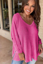 Load image into Gallery viewer, Rose Red Waffle Knit Side Slits Loose Fit V Neck Top - Fashion Queen - 10
