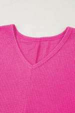 Load image into Gallery viewer, Rose Red Waffle Knit Side Slits Loose Fit V Neck Top - Fashion Queen - 14
