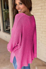 Load image into Gallery viewer, Rose Red Waffle Knit Side Slits Loose Fit V Neck Top - Fashion Queen - 2