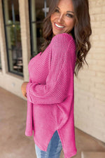 Load image into Gallery viewer, Rose Red Waffle Knit Side Slits Loose Fit V Neck Top - Fashion Queen - 3