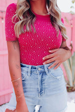 Load image into Gallery viewer, Rose Rhinestone Allover Round Neck Short Sleeve Bodysuit - Fashion Queen - 1