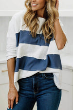 Load image into Gallery viewer, Sail Blue Colorblock Striped Patchwork 3/4 Sleeve Raw Seamed Sweatshirt - Fashion Queen - 1