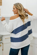 Load image into Gallery viewer, Sail Blue Colorblock Striped Patchwork 3/4 Sleeve Raw Seamed Sweatshirt - Fashion Queen - 2