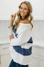 Load image into Gallery viewer, Sail Blue Colorblock Striped Patchwork 3/4 Sleeve Raw Seamed Sweatshirt - Fashion Queen - 3