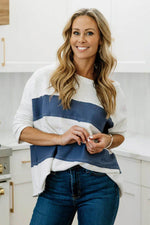 Load image into Gallery viewer, Sail Blue Colorblock Striped Patchwork 3/4 Sleeve Raw Seamed Sweatshirt - Fashion Queen - 4