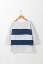 Load image into Gallery viewer, Sail Blue Colorblock Striped Patchwork 3/4 Sleeve Raw Seamed Sweatshirt - Fashion Queen - 5