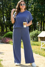 Load image into Gallery viewer, Sail Blue Ribbed V Neck Tee and Pants Plus Size Set - Fashion Queen - 10