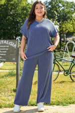 Load image into Gallery viewer, Sail Blue Ribbed V Neck Tee and Pants Plus Size Set - Fashion Queen - 11