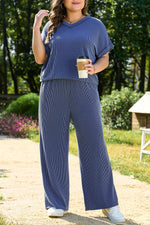 Load image into Gallery viewer, Sail Blue Ribbed V Neck Tee and Pants Plus Size Set - Fashion Queen - 12