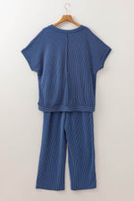 Load image into Gallery viewer, Sail Blue Ribbed V Neck Tee and Pants Plus Size Set - Fashion Queen - 18