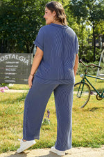 Load image into Gallery viewer, Sail Blue Ribbed V Neck Tee and Pants Plus Size Set - Fashion Queen - 7