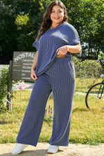 Load image into Gallery viewer, Sail Blue Ribbed V Neck Tee and Pants Plus Size Set - Fashion Queen - 8