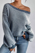 Load image into Gallery viewer, Sail Blue Striped Lantern Sleeve Drop Shoulder Cozy Sweater - Fashion Queen - 1