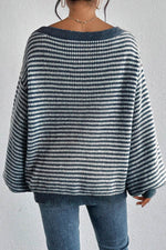Load image into Gallery viewer, Sail Blue Striped Lantern Sleeve Drop Shoulder Cozy Sweater - Fashion Queen - 2