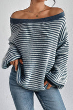 Load image into Gallery viewer, Sail Blue Striped Lantern Sleeve Drop Shoulder Cozy Sweater - Fashion Queen - 3