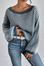 Load image into Gallery viewer, Sail Blue Striped Lantern Sleeve Drop Shoulder Cozy Sweater - Fashion Queen - 4