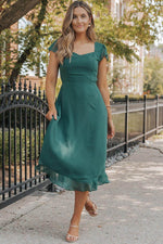 Load image into Gallery viewer, Sea Green Shirred Open Back Sweetheart Neck Ruffled Midi Dress - Fashion Queen - 14