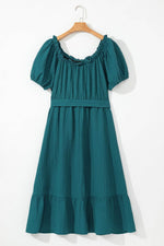 Load image into Gallery viewer, Skobeloff Frilled U Neck Puff Sleeve Belted Ruffle Hem Plus Size Midi Dress - Fashion Queen - 11
