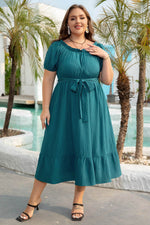 Load image into Gallery viewer, Skobeloff Frilled U Neck Puff Sleeve Belted Ruffle Hem Plus Size Midi Dress - Fashion Queen - 4