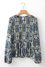 Load image into Gallery viewer, Sky Blue Boho Printed Balloon Sleeve Smocked Peplum Blouse - Fashion Queen - 7