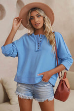 Load image into Gallery viewer, Sky Blue Casual Button Solid Patchwork Trim Hoodie - Fashion Queen - 10