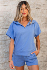 Load image into Gallery viewer, Sky Blue Casual Zipped Short Sleeve Hoodie and Shorts Set - Fashion Queen - 1