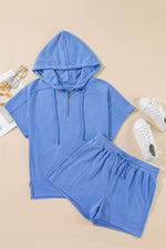 Load image into Gallery viewer, Sky Blue Casual Zipped Short Sleeve Hoodie and Shorts Set - Fashion Queen - 10