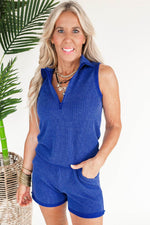 Load image into Gallery viewer, Sky Blue Corded Collared Half Zip Tank Top Two Piece Shorts Set - Fashion Queen - 10