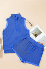 Load image into Gallery viewer, Sky Blue Corded Collared Half Zip Tank Top Two Piece Shorts Set - Fashion Queen - 11